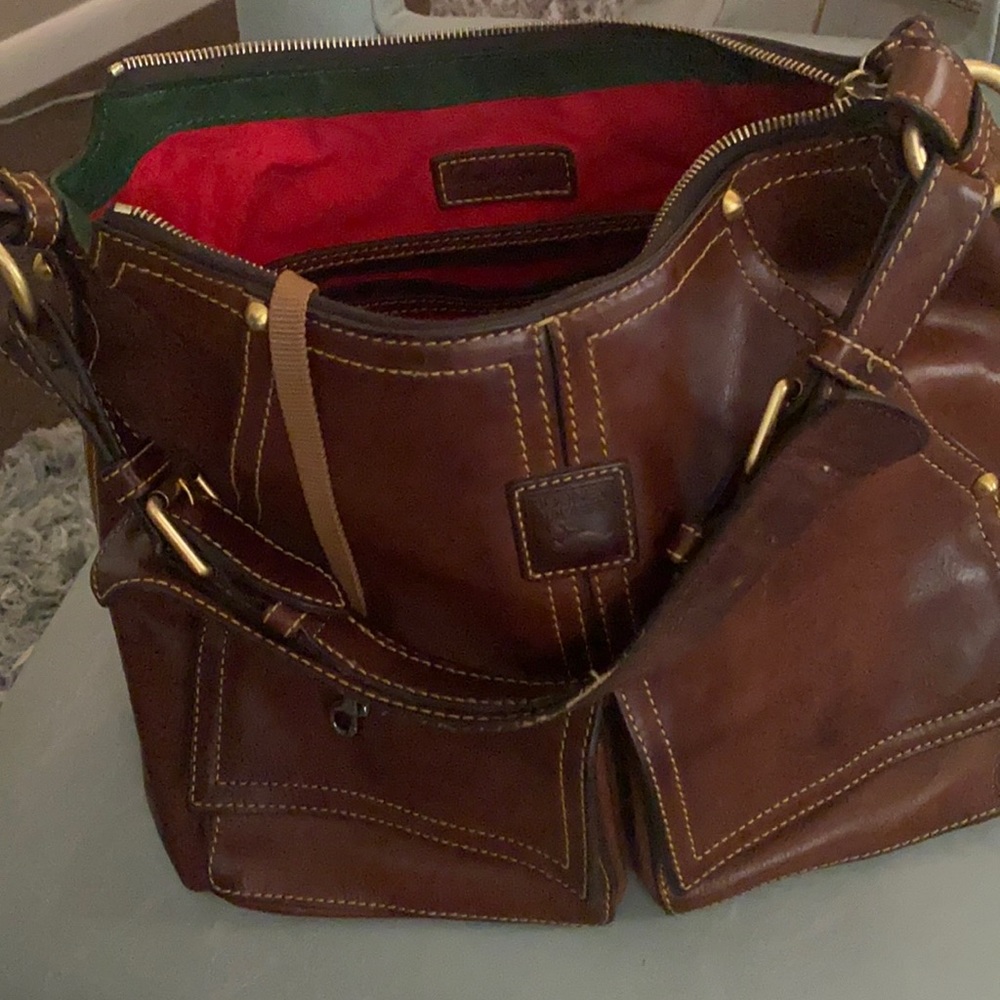 Dooney and Bourke brown leather red and green interior